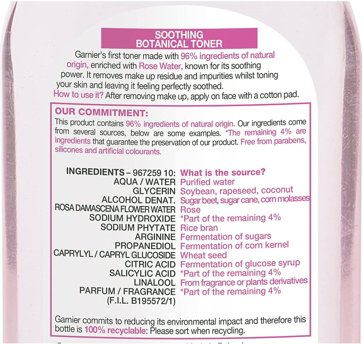 Garnier Toner 200ml Natural Rose Water Sensitive Skin