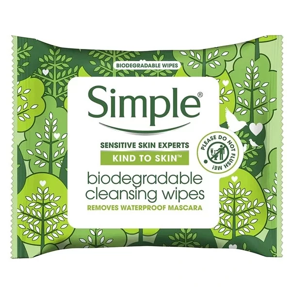 Simple Face Wipes Kind to Skin Biodegradable 25 Pack